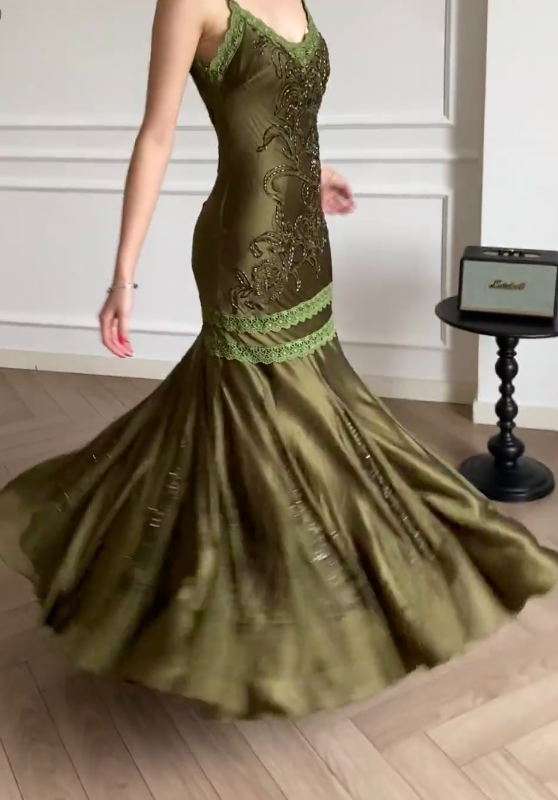 Glam Dark Green Evening Dress Straps Sheath Satin Long Prom Dress ED08859