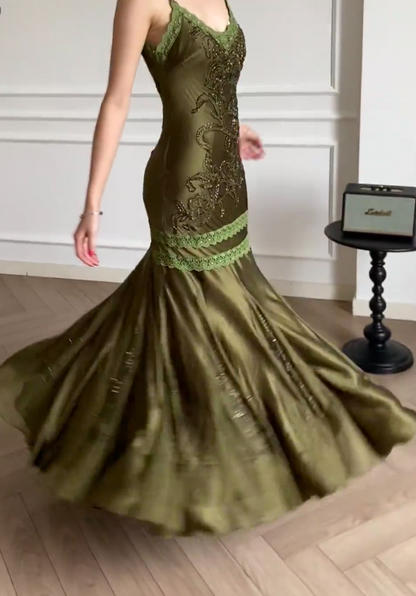 Glam Dark Green Evening Dress Straps Sheath Satin Long Prom Dress ED08859