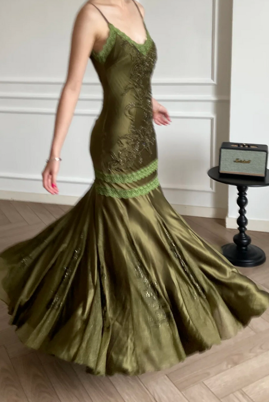 Glam Robe de Soirée Vert Foncé Bretelles Fourreau Satin Longue Robe de Bal ED08859