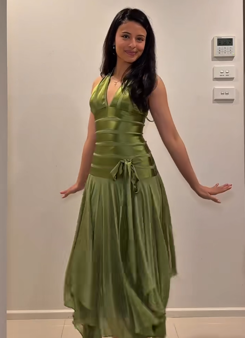 Glam Dark Green Evening Dress Halter Sheath Satin Long Prom Dress ED08860