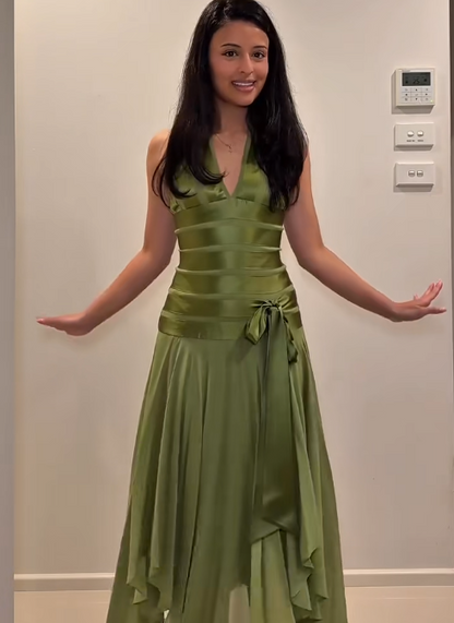 Glam Dark Green Evening Dress Halter Sheath Satin Long Prom Dress ED08860