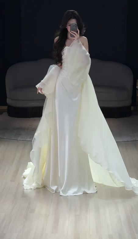 Timeless Strapless White Wedding Dress Satin Bridal Dress Sheath Bridal Gown ED08861