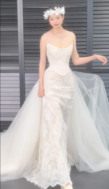 Timeless Strapless White Wedding Dress Lace Bridal Dress Sheath Bridal Gown ED08863