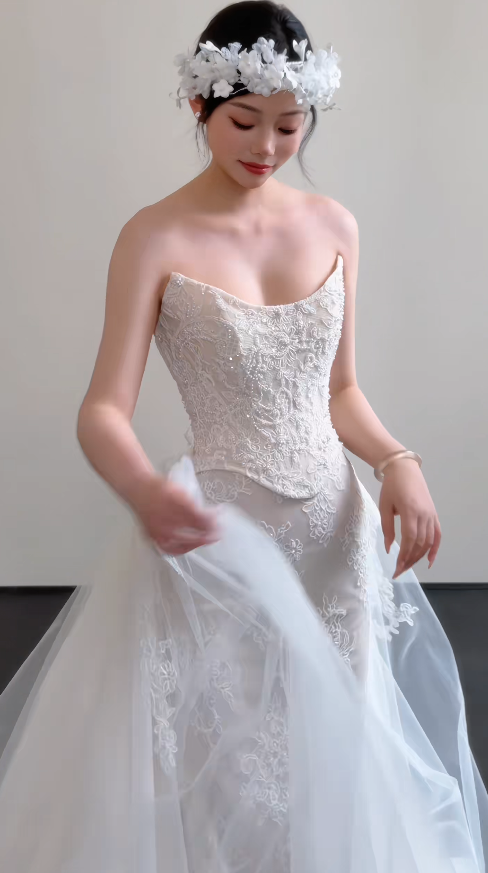Timeless Strapless White Wedding Dress Lace Bridal Dress Sheath Bridal Gown ED08863