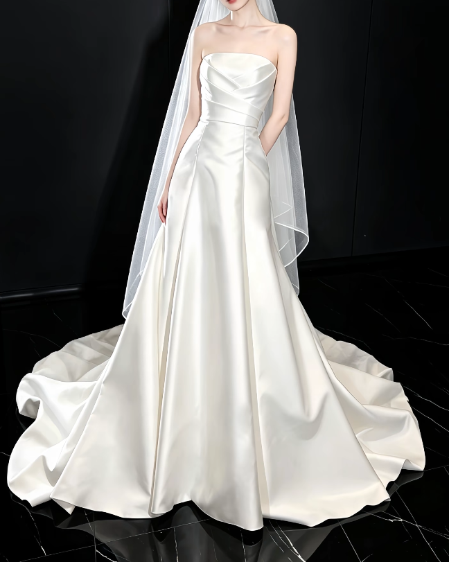 Timeless Strapless White Wedding Dress Satin Bridal Dress Sheath Bridal Gown ED08864