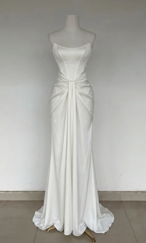 Timeless Strapless White Wedding Dress Satin Bridal Dress Sheath Bridal Gown ED08866