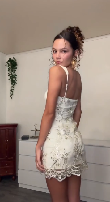 Chic White Hoco Dress Straps Sheath Graduation Party Dress Tulle Applique Birthday Dress ED08872