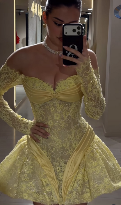 Chic Yellow Hoco Dress Sweetheart A-Line Graduation Party Dress Tulle Applique Birthday Dress ED08873