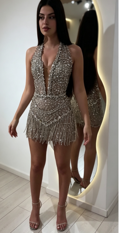 Chic Champagne Hoco Dress Halter Sheath Graduation Party Dress Tulle Beaded Birthday Dress ED08874