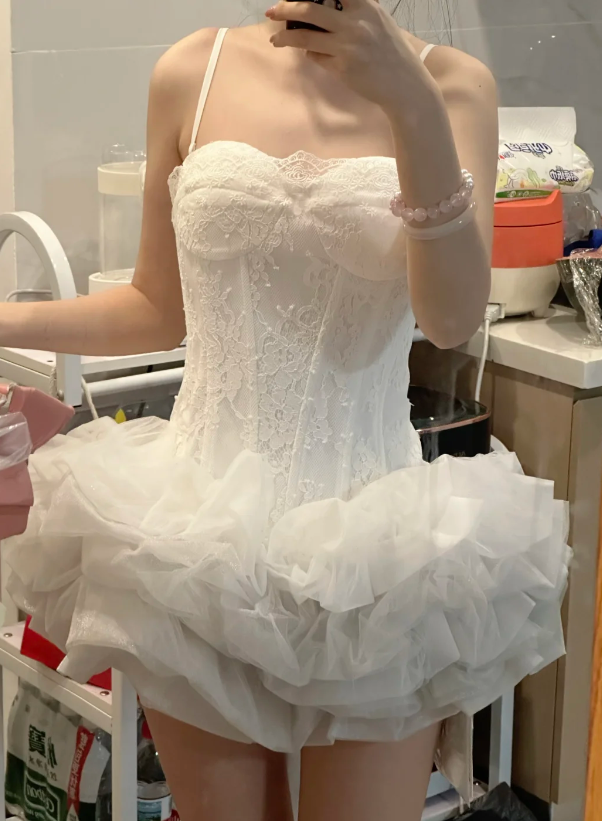 Chic White Birthday Dress Straps Sheath Graduation Party Dress  Tulle Short Prom Dress ED08881