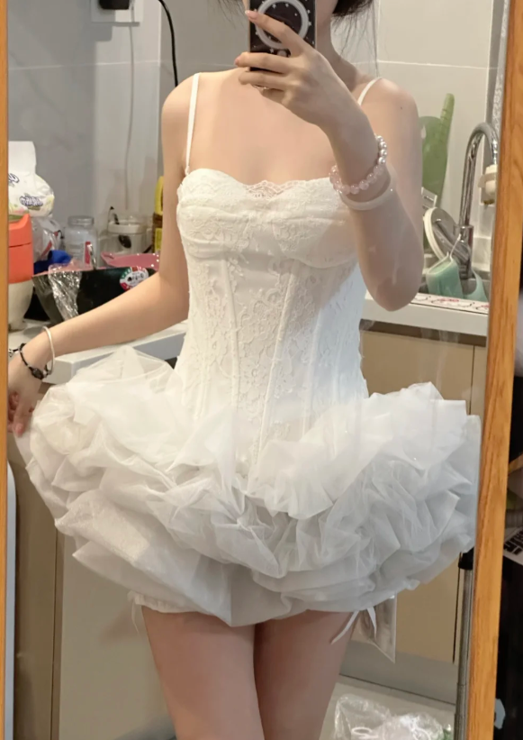 Chic White Birthday Dress Straps Sheath Graduation Party Dress  Tulle Short Prom Dress ED08881