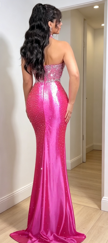 Elegant Pink Birthday Dress Strapless Mermaid Long Evening Dress Satin Beaded Prom Dress ED08888