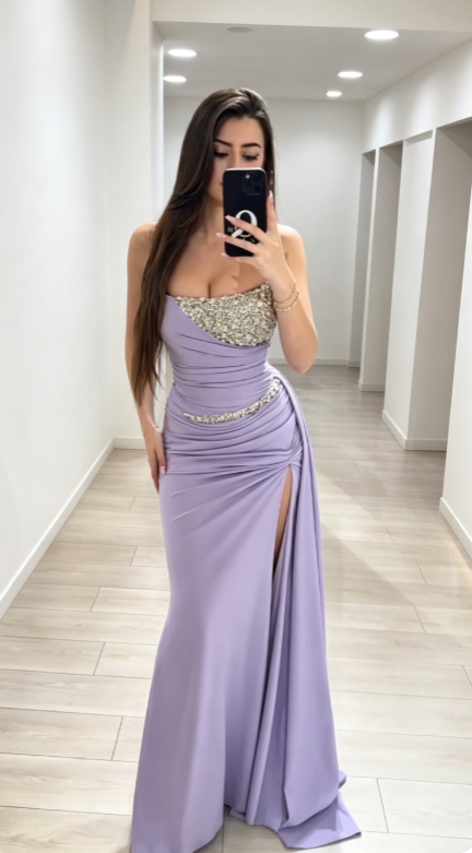Élégante Robe Longue de Soirée Lavande Fourreau sans Bretelles avec Fente en Mousseline de Soie ED08889