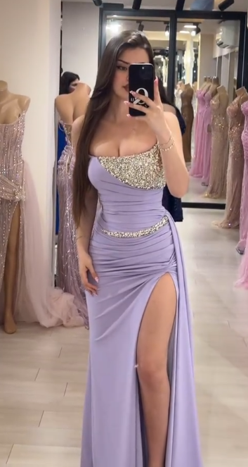 Elegant Strapless Sheath Lavender Long Evening Dress ChiffonProm Dress with Slit ED08889
