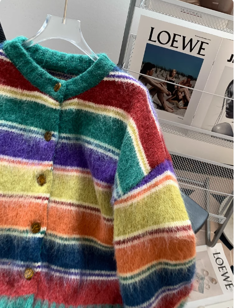 Dopamine Farbstreifen Retro Kontrast gebürstete Strickjacke ED0888