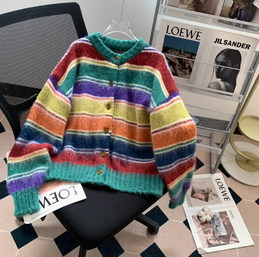 Dopamine Farbstreifen Retro Kontrast gebürstete Strickjacke ED0888