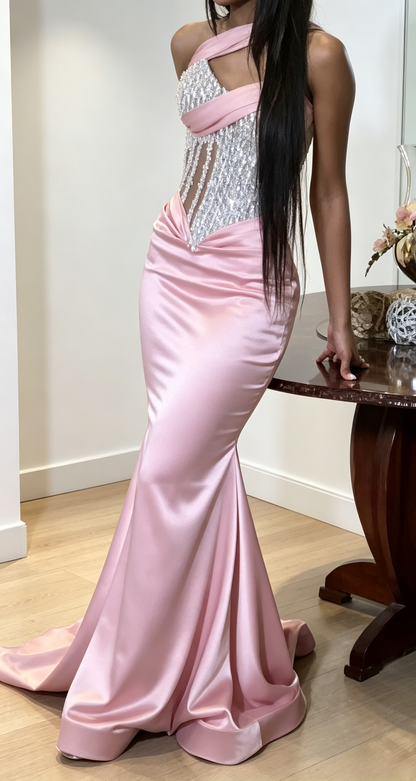 Elegant One-shoulder Sheath Pink Long Evening Dress Satin Prom Dress  ED08890