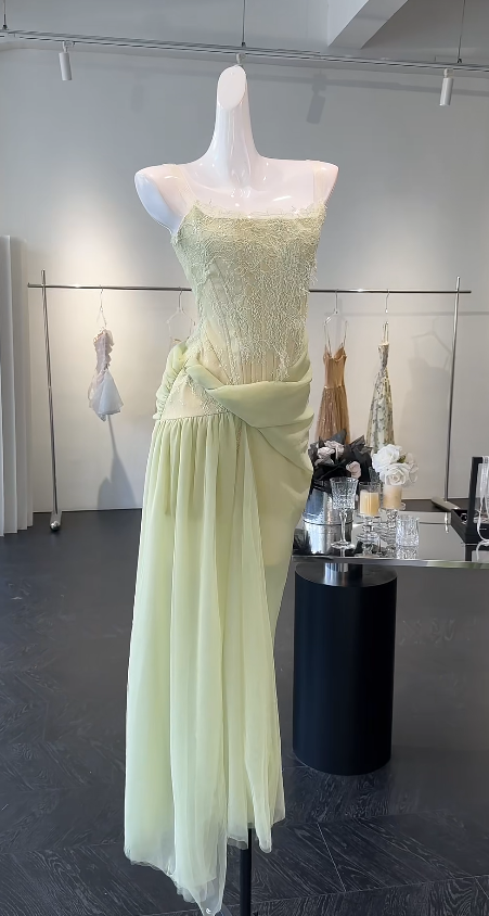Elegant Strapless Sheath Green Long Evening Dress Lace Tulle Prom Dress ED08891