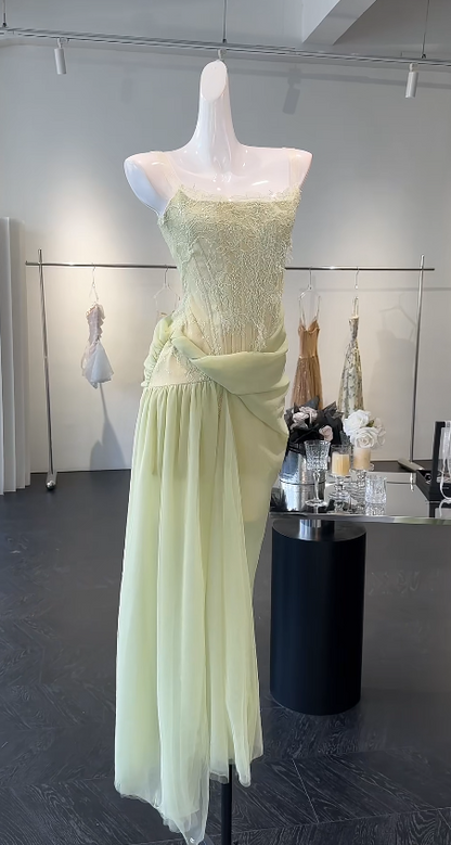Elegant Strapless Sheath Green Long Evening Dress Lace Tulle Prom Dress ED08891
