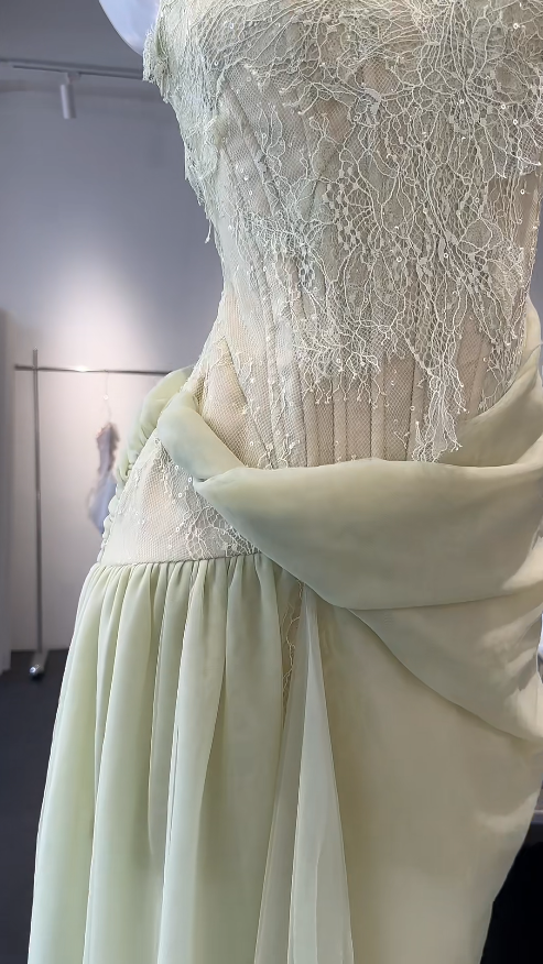 Élégante Robe de Soirée Longue Fourreau Bustier Verte en Dentelle et Tulle pour Bal de Promo ED08891