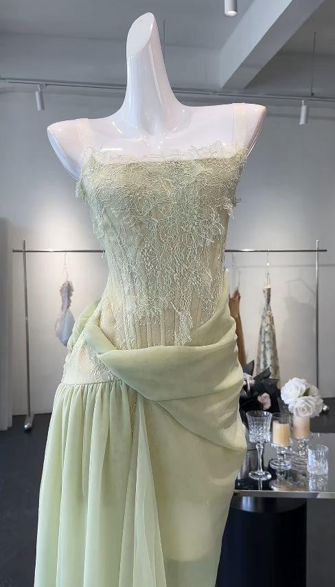 Elegant Strapless Sheath Green Long Evening Dress Lace Tulle Prom Dress ED08891