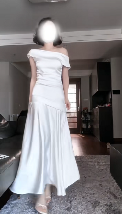Elegant Off-shoulder A-Line Satin Long Evening Dress White Prom Dress ED08892