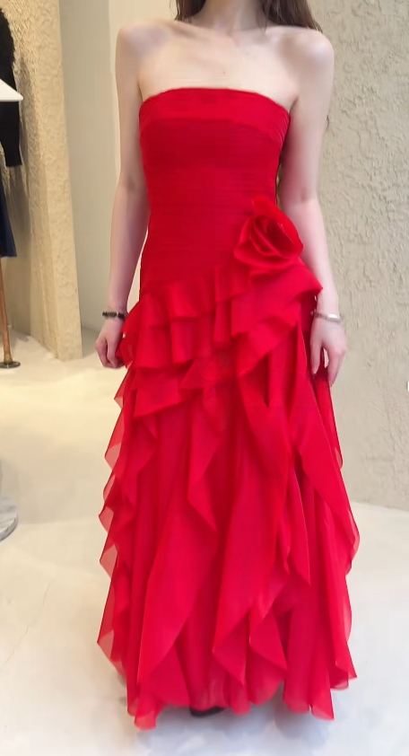 Robe de Soirée Longue en Chiffon Rouge bustier Fourreau ED08893