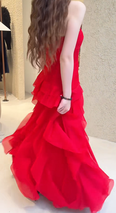 Fashion Strapless Sheath Chiffon Long Evening Dress Red Prom Dress  ED08893