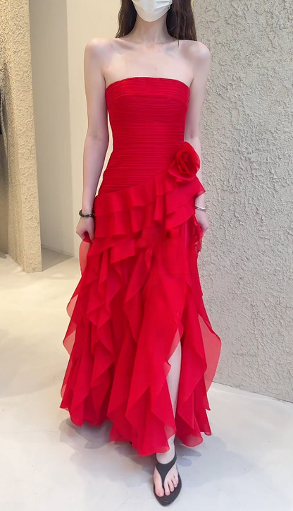Fashion Strapless Sheath Chiffon Long Evening Dress Red Prom Dress  ED08893