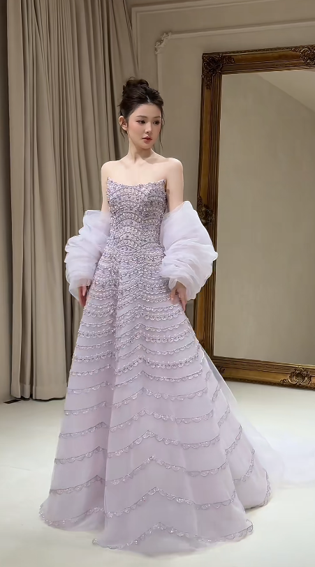 Elegant Strapless A-Line Beaded Tulle Long Evening Dress Light Purple Prom Dress  ED08894