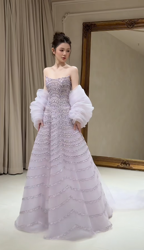 Elegant Strapless A-Line Beaded Tulle Long Evening Dress Light Purple Prom Dress  ED08894