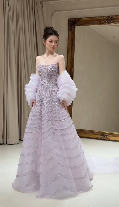 Elegant Strapless A-Line Beaded Tulle Long Evening Dress Light Purple Prom Dress  ED08894
