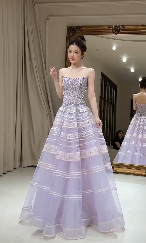 Gorgeous Strapless A-Line Beaded Tulle Long Evening Dress Light Purple Prom Dress  ED08895