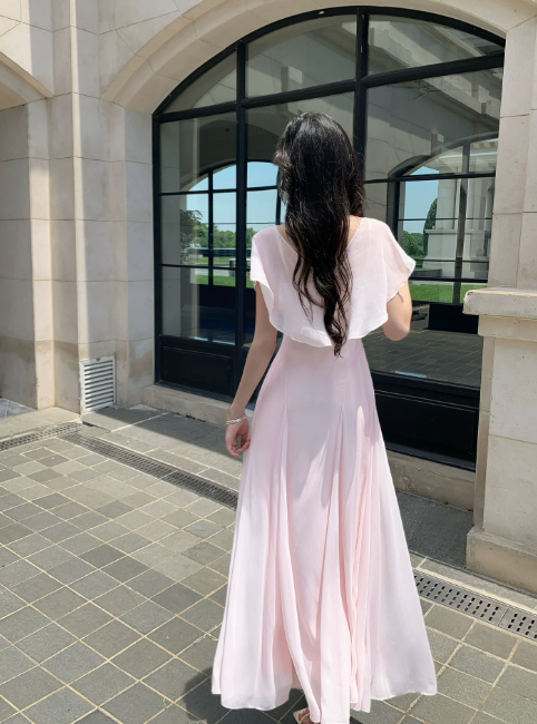 Chic V-neck A-Line Chiffon Long Evening Dress Pink Prom Dress   ED08896