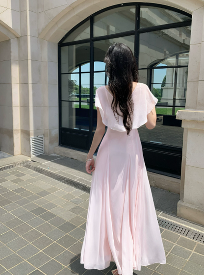 Chic V-neck A-Line Chiffon Long Evening Dress Pink Prom Dress   ED08896