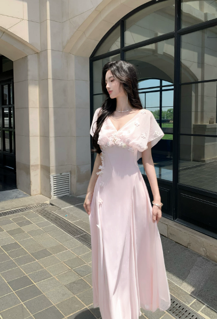 Chic V-neck A-Line Chiffon Long Evening Dress Pink Prom Dress   ED08896
