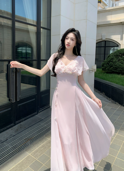 Chic V-neck A-Line Chiffon Long Evening Dress Pink Prom Dress   ED08896