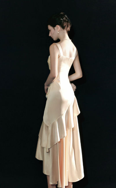 Chic Straps Sheath Satin Long Evening Dress Champagne Prom Dress ED08897