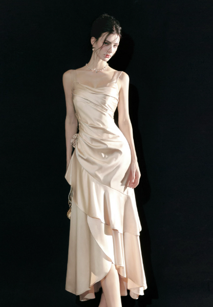 Chic Straps Sheath Satin Long Evening Dress Champagne Prom Dress ED08897