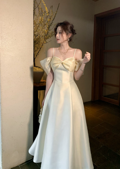 Chic Straps A-Line Satin Long Evening Dress Yellow Prom Dress  ED08898