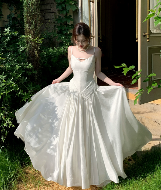 Chic Spaghetti Straps Summer Dress A-Line Chiffon Long Evening Dress White Prom Dress  ED08899