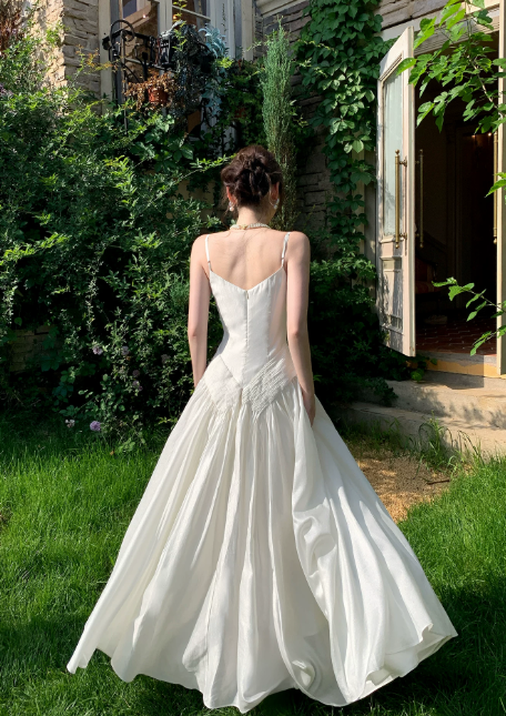 Chic Spaghetti Straps Summer Dress A-Line Chiffon Long Evening Dress White Prom Dress  ED08899