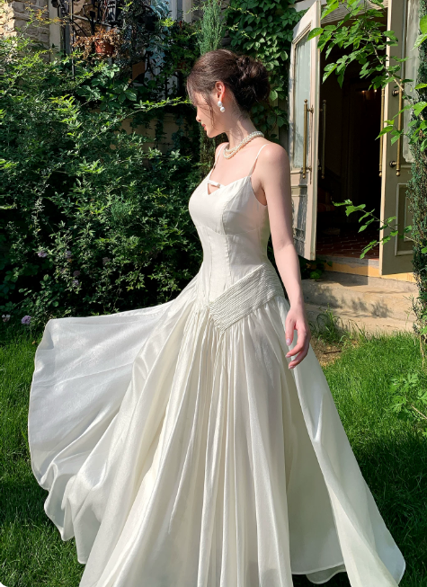 Chic Spaghetti Straps Summer Dress A-Line Chiffon Long Evening Dress White Prom Dress  ED08899