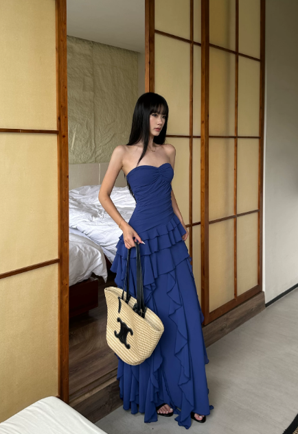 Chic Strapless Summer Dress Sheath Chiffon Long Evening Dress Navy Blue Prom Dress ED08900