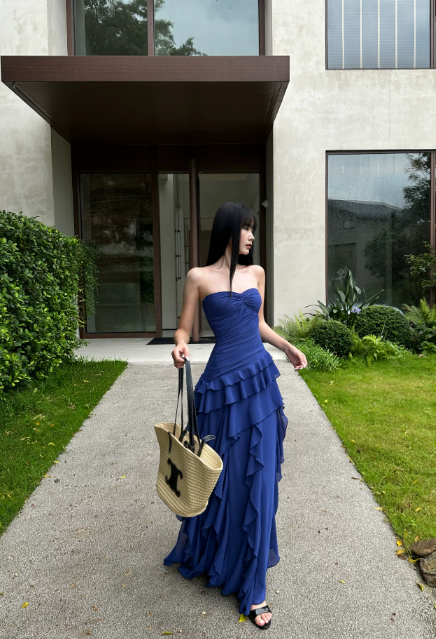 Chic Strapless Summer Dress Sheath Chiffon Long Evening Dress Navy Blue Prom Dress ED08900