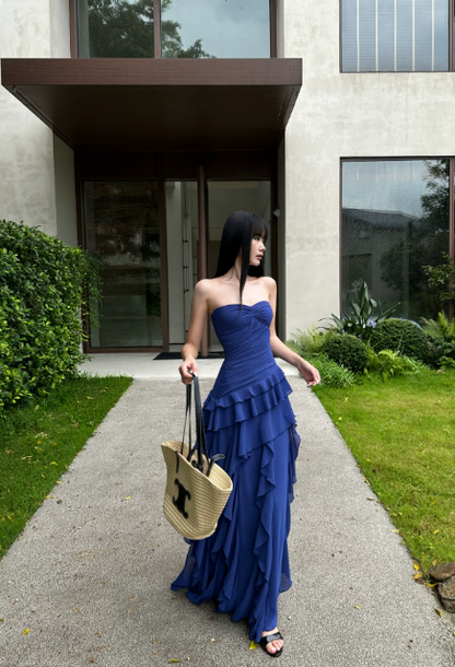 Chic Strapless Summer Dress Sheath Chiffon Long Evening Dress Navy Blue Prom Dress ED08900