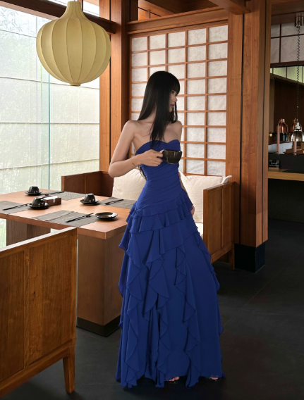 Chic Strapless Summer Dress Sheath Chiffon Long Evening Dress Navy Blue Prom Dress ED08900