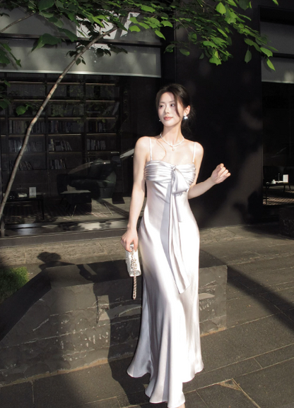 Chic Spaghetti Straps Summer Dress Sheath Satin Long Evening Dress Light Grey Prom Dress ED08901