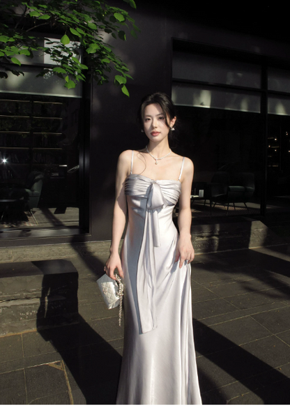 Chic Spaghetti Straps Summer Dress Sheath Satin Long Evening Dress Light Grey Prom Dress ED08901
