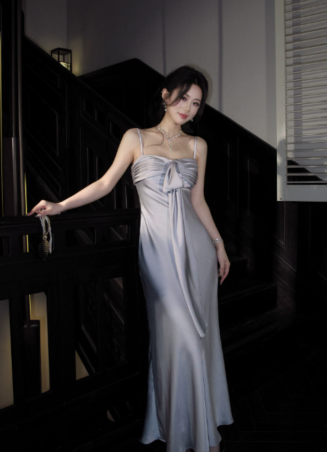 Chic Spaghetti Straps Summer Dress Sheath Satin Long Evening Dress Light Grey Prom Dress ED08901